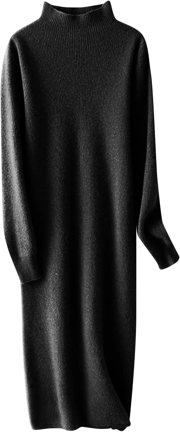 Sweater Dress for Women Trendy Half High Collar Knitted Dress Casual Fall Winter Long Sleeve Elegant Midi Dress