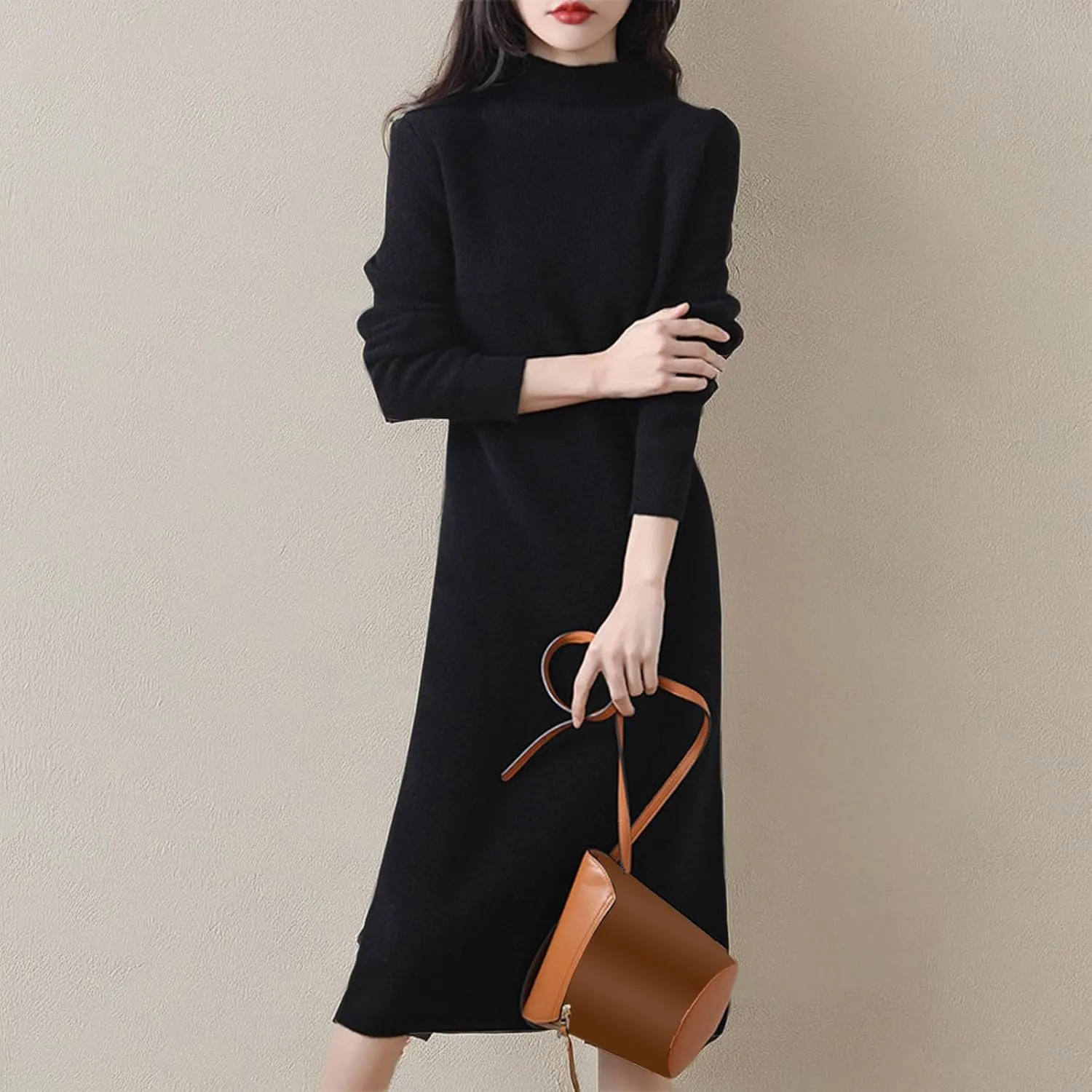 Sweater Dress for Women Trendy Half High Collar Knitted Dress Casual Fall Winter Long Sleeve Elegant Midi Dress