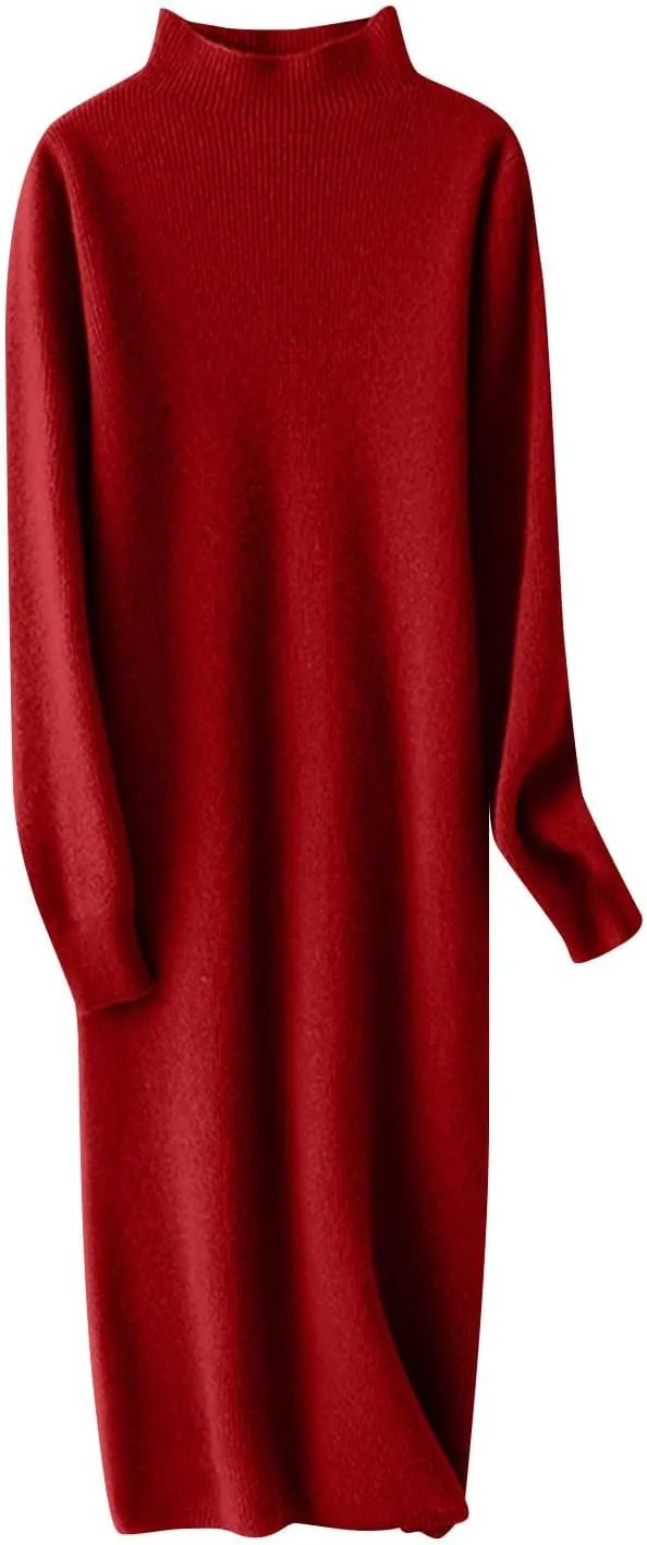 Sweater Dress for Women Trendy Half High Collar Knitted Dress Casual Fall Winter Long Sleeve Elegant Midi Dress