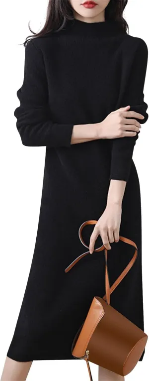 Sweater Dress for Women Trendy Half High Collar Knitted Dress Casual Fall Winter Long Sleeve Elegant Midi Dress