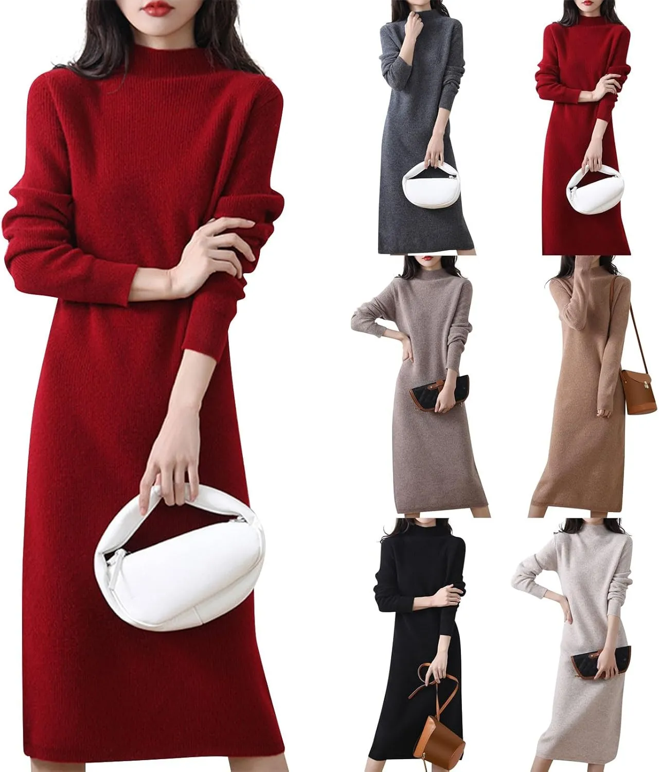 Sweater Dress for Women Trendy Half High Collar Knitted Dress Casual Fall Winter Long Sleeve Elegant Midi Dress