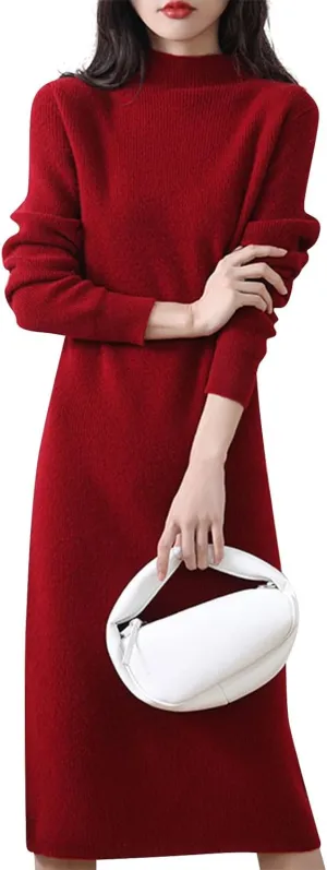 Sweater Dress for Women Trendy Half High Collar Knitted Dress Casual Fall Winter Long Sleeve Elegant Midi Dress