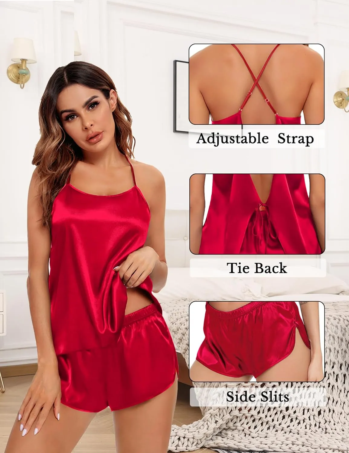 SWOMOG Womens 4pcs Pajamas Sets Silk Satin Pjs Sexy Cami Shorts Set Button Down Long Short Sleeve Sleepwear Loungewear