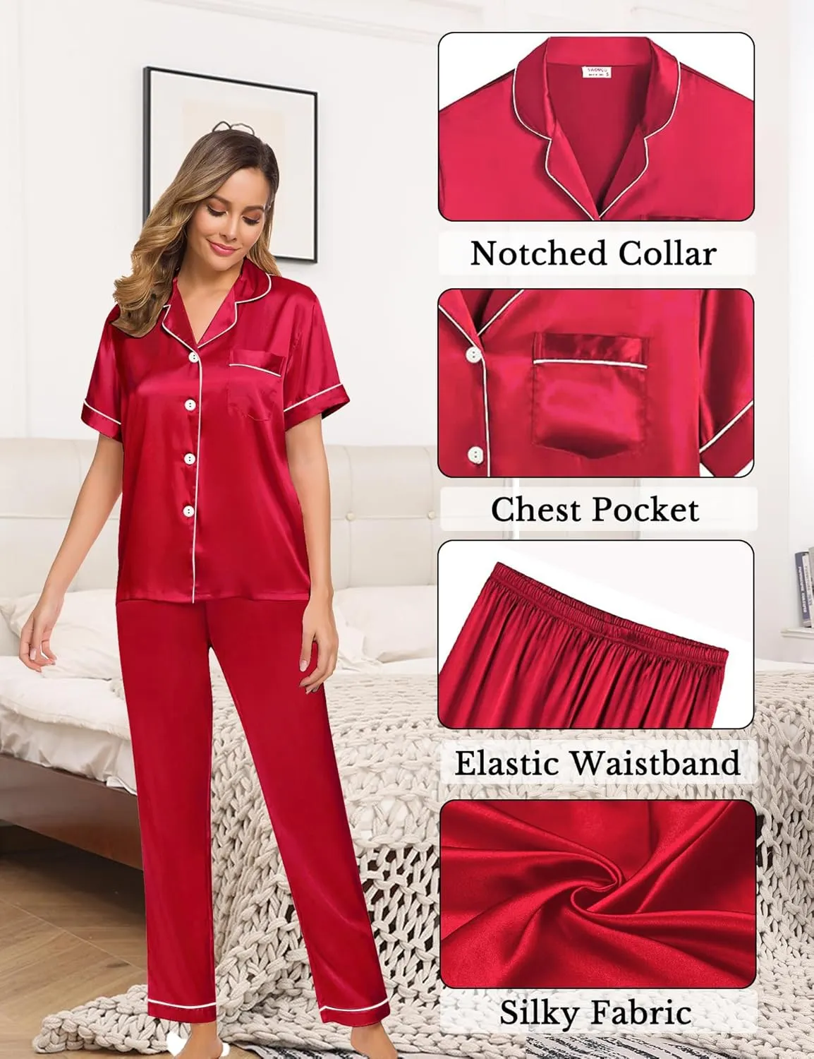 SWOMOG Womens 4pcs Pajamas Sets Silk Satin Pjs Sexy Cami Shorts Set Button Down Long Short Sleeve Sleepwear Loungewear