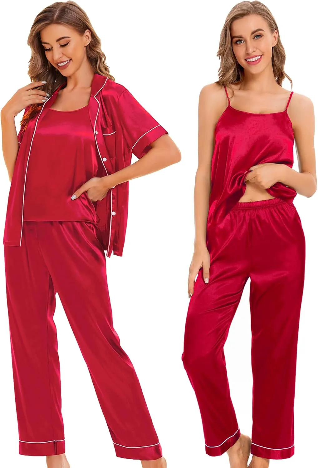 SWOMOG Womens 4pcs Pajamas Sets Silk Satin Pjs Sexy Cami Shorts Set Button Down Long Short Sleeve Sleepwear Loungewear