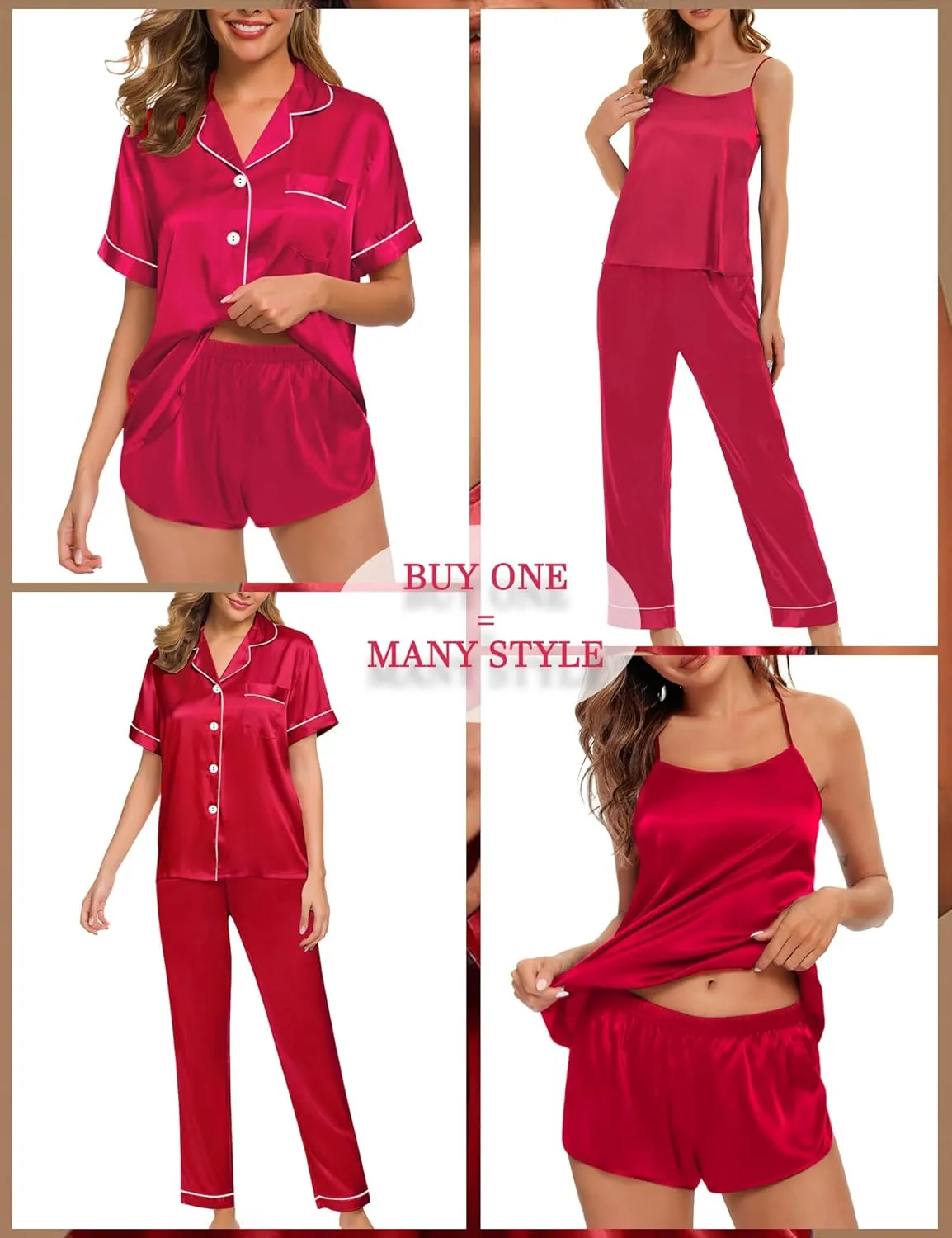 SWOMOG Womens 4pcs Pajamas Sets Silk Satin Pjs Sexy Cami Shorts Set Button Down Long Short Sleeve Sleepwear Loungewear