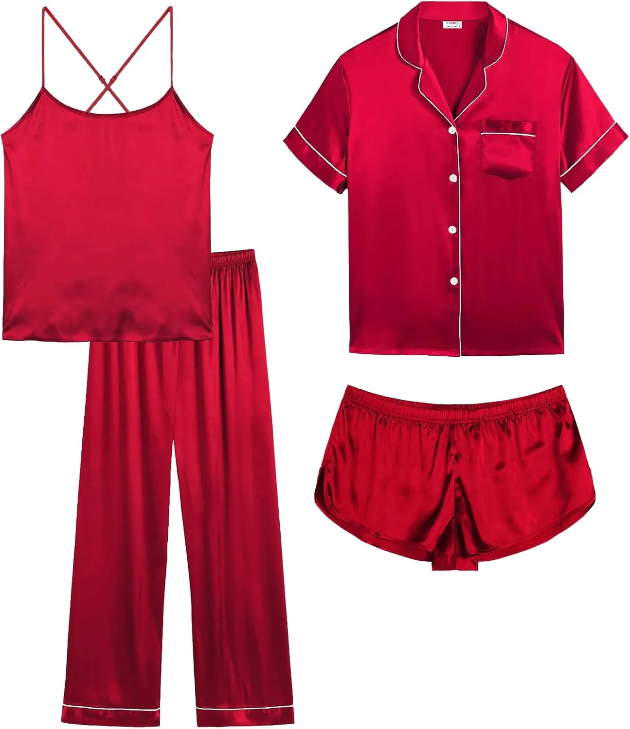 SWOMOG Womens 4pcs Pajamas Sets Silk Satin Pjs Sexy Cami Shorts Set Button Down Long Short Sleeve Sleepwear Loungewear
