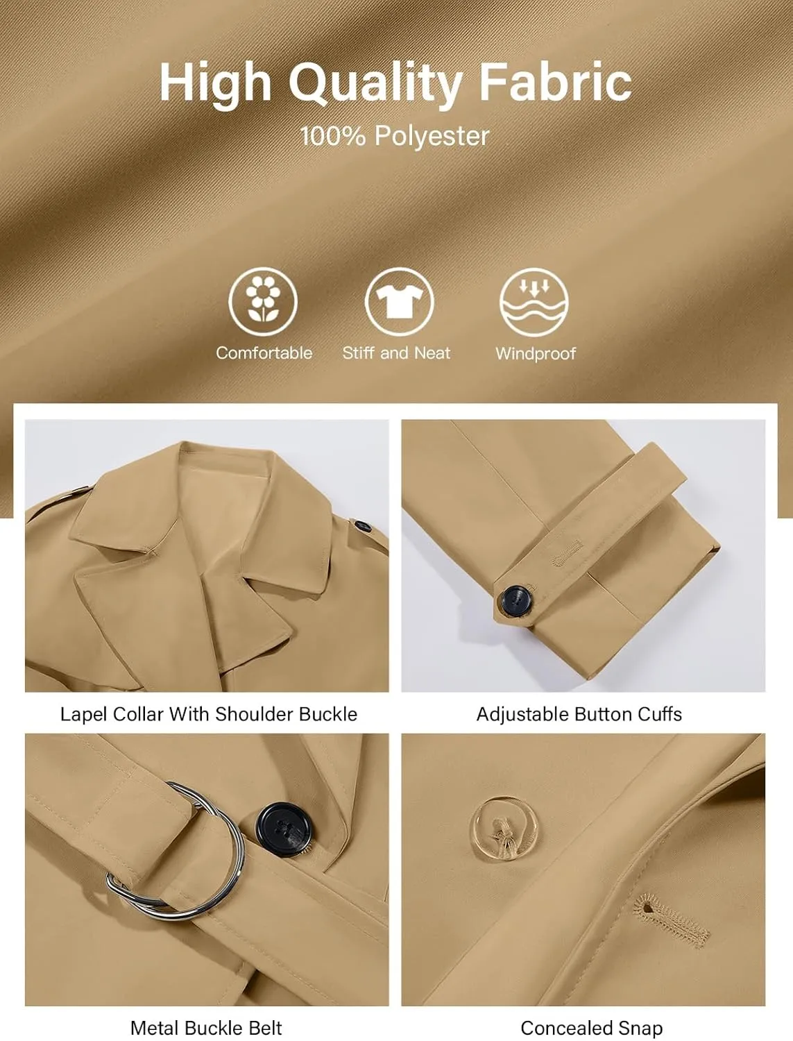 Tankaneo Womens Cropped Trench Coat Casual Double Breasted Short Jacket Fall Fashion Outerwear with Belt