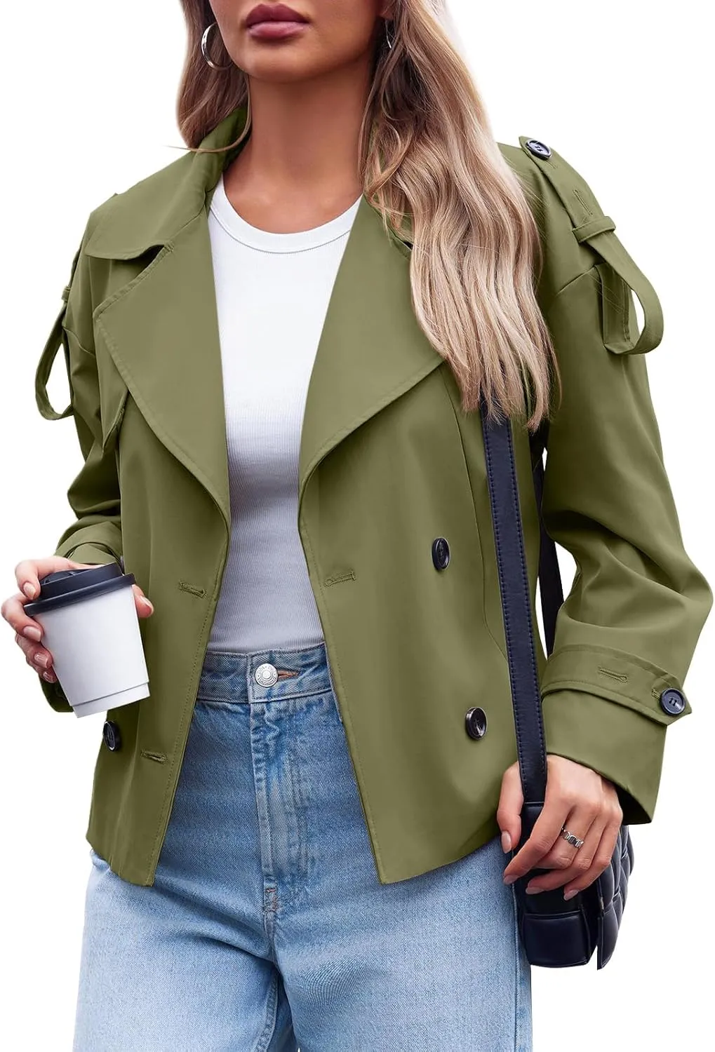Tankaneo Womens Cropped Trench Coat Casual Double Breasted Short Jacket Fall Fashion Outerwear with Belt