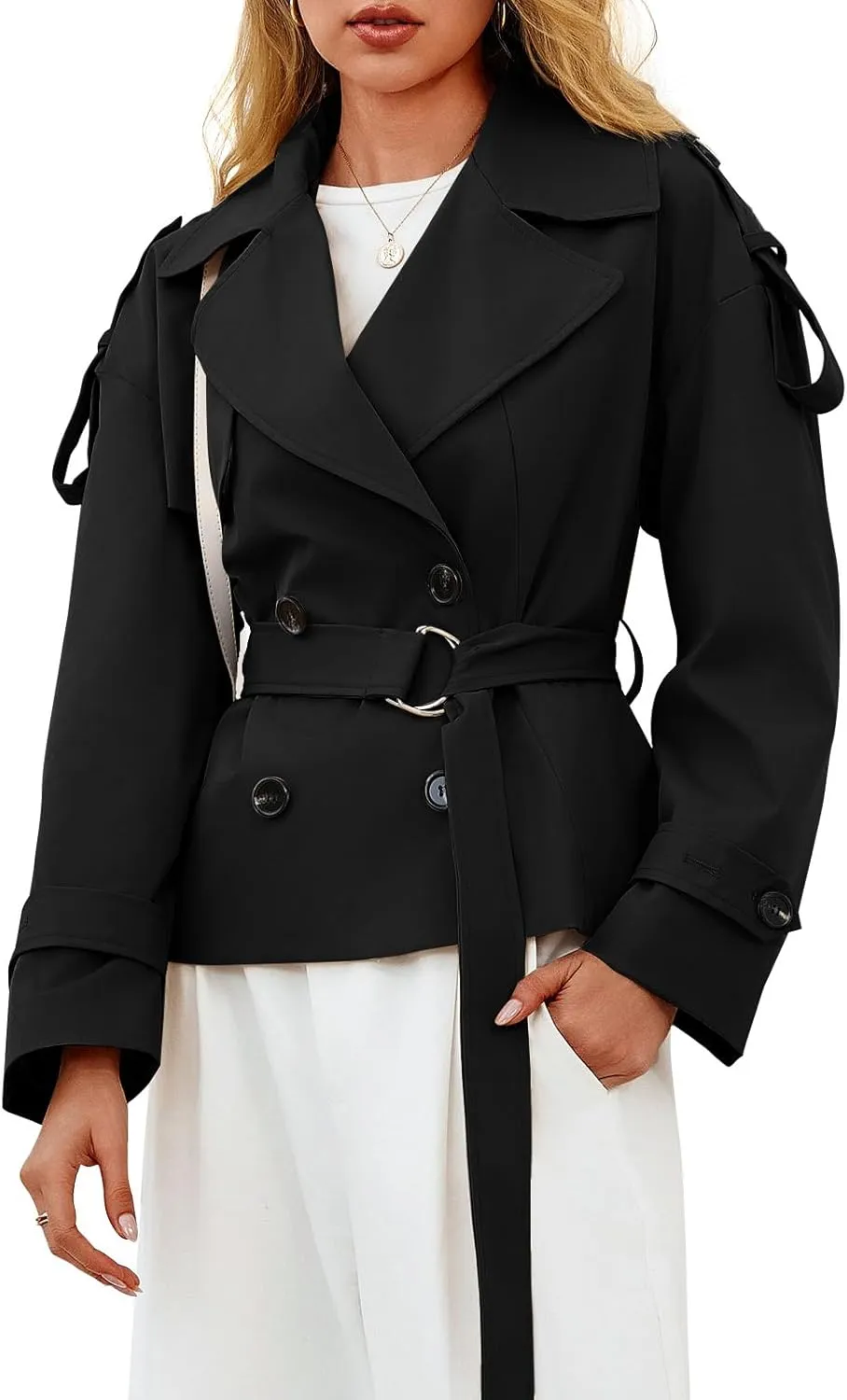 Tankaneo Womens Cropped Trench Coat Casual Double Breasted Short Jacket Fall Fashion Outerwear with Belt
