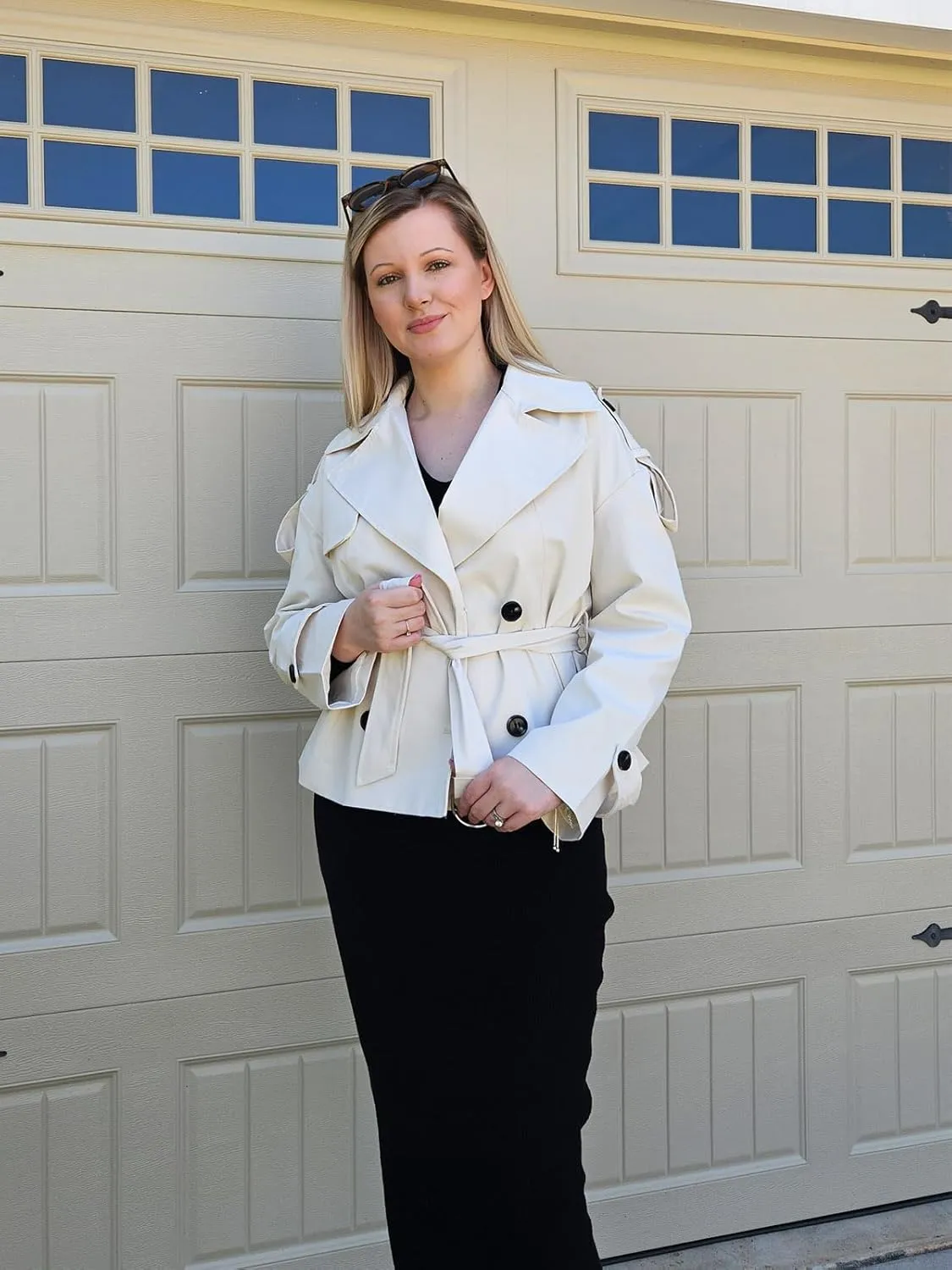 Tankaneo Womens Cropped Trench Coat Casual Double Breasted Short Jacket Fall Fashion Outerwear with Belt