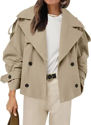 Tankaneo Womens Cropped Trench Coat Casual Double Breasted Short Jacket Fall Fashion Outerwear with Belt
