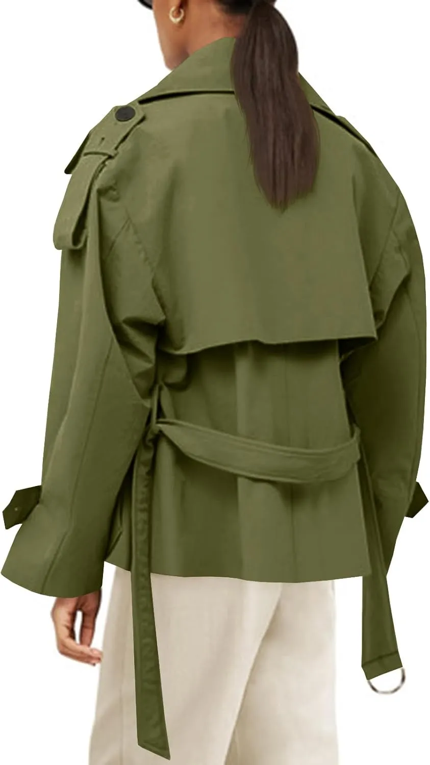 Tankaneo Womens Cropped Trench Coat Casual Double Breasted Short Jacket Fall Fashion Outerwear with Belt