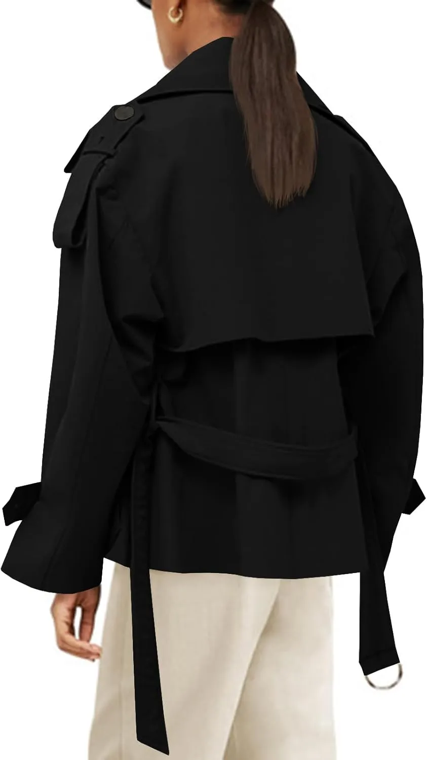 Tankaneo Womens Cropped Trench Coat Casual Double Breasted Short Jacket Fall Fashion Outerwear with Belt