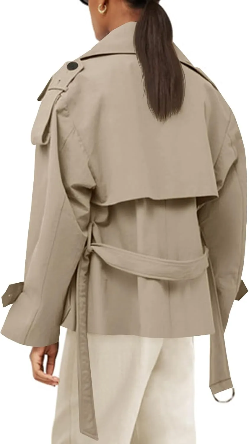 Tankaneo Womens Cropped Trench Coat Casual Double Breasted Short Jacket Fall Fashion Outerwear with Belt