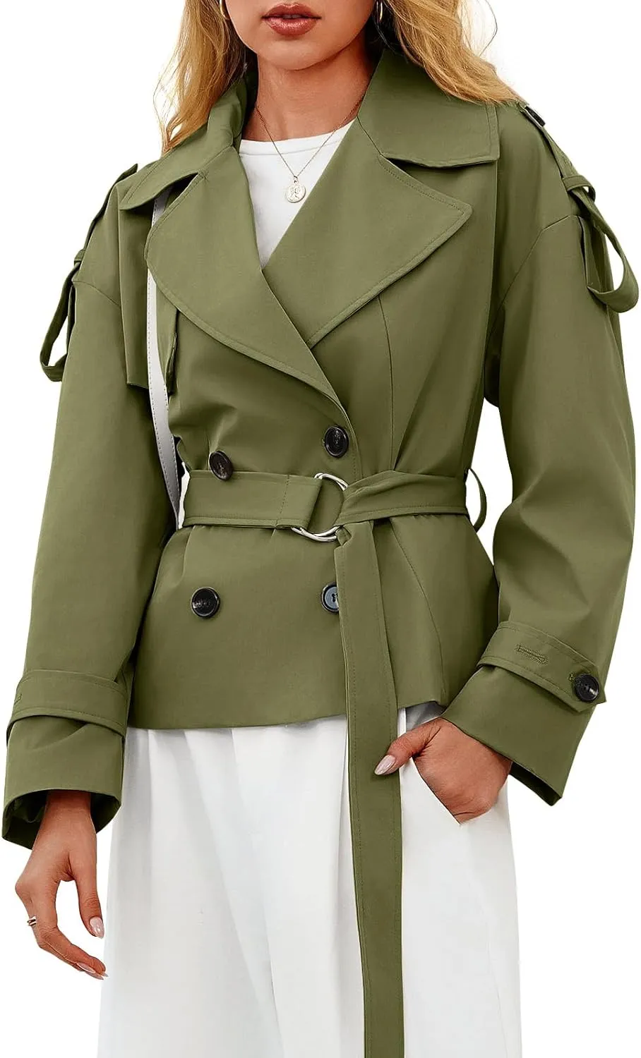 Tankaneo Womens Cropped Trench Coat Casual Double Breasted Short Jacket Fall Fashion Outerwear with Belt