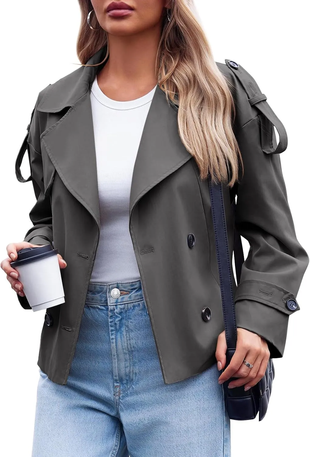 Tankaneo Womens Cropped Trench Coat Casual Double Breasted Short Jacket Fall Fashion Outerwear with Belt