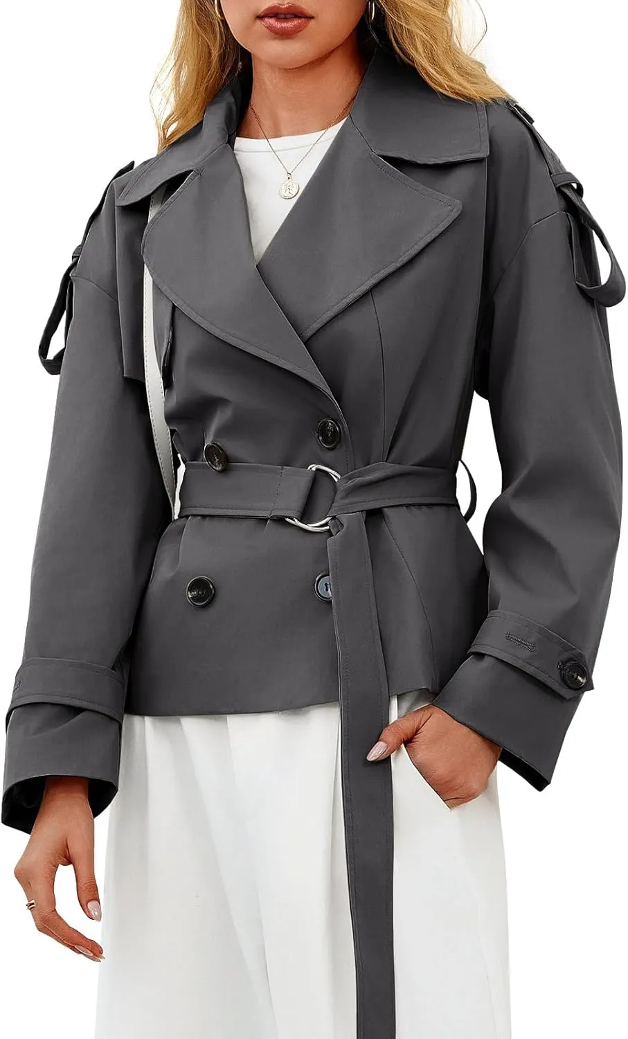 Tankaneo Womens Cropped Trench Coat Casual Double Breasted Short Jacket Fall Fashion Outerwear with Belt