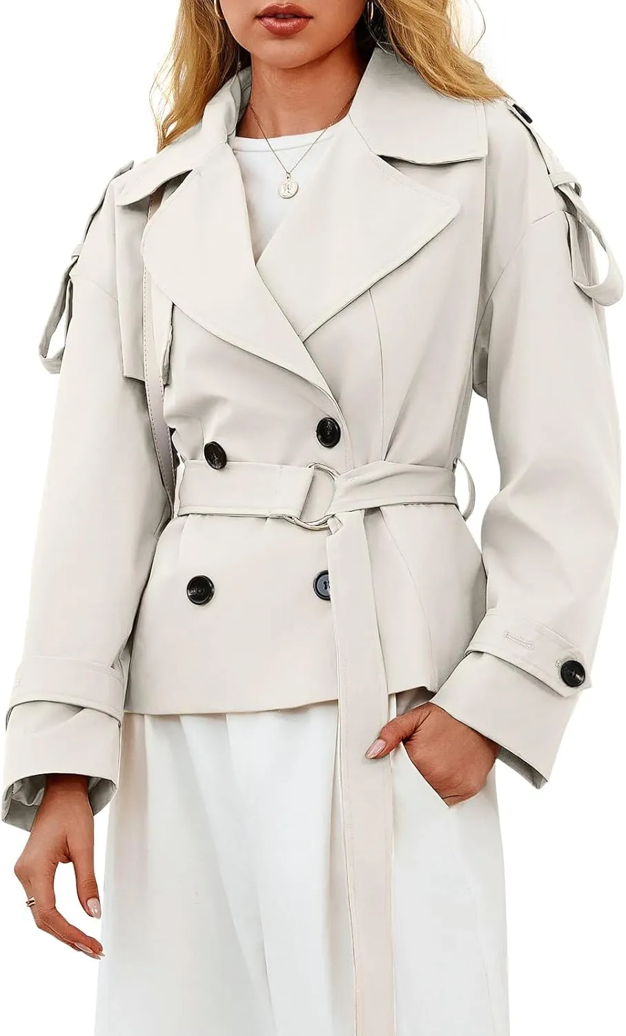 Tankaneo Womens Cropped Trench Coat Casual Double Breasted Short Jacket Fall Fashion Outerwear with Belt