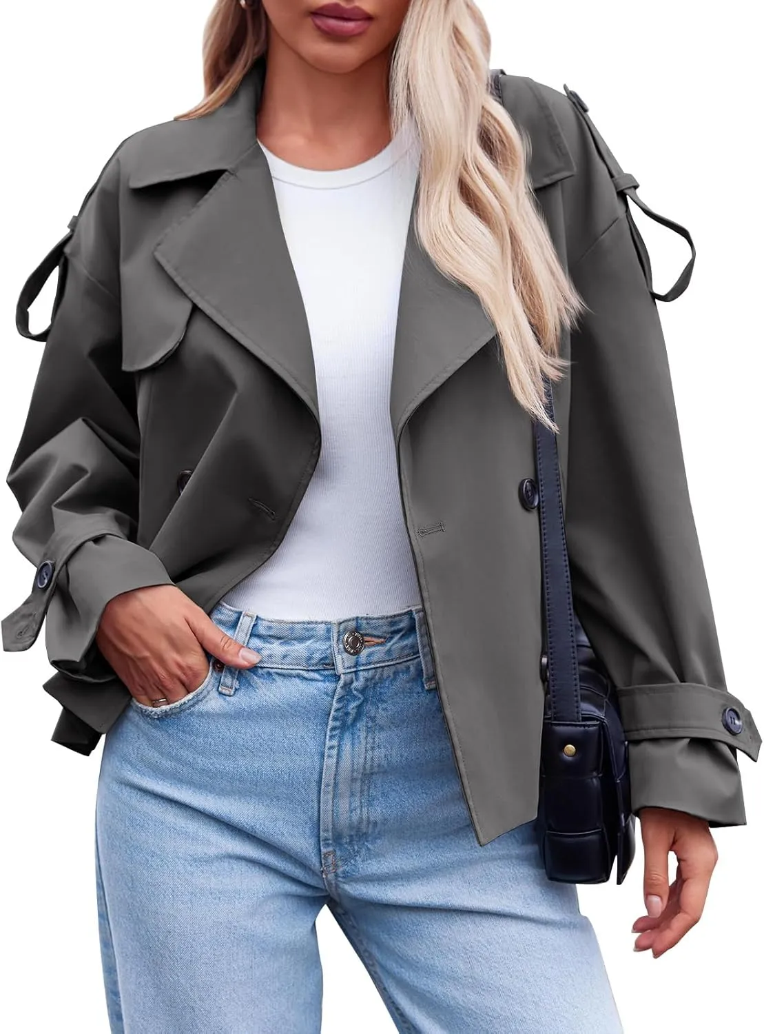 Tankaneo Womens Cropped Trench Coat Casual Double Breasted Short Jacket Fall Fashion Outerwear with Belt