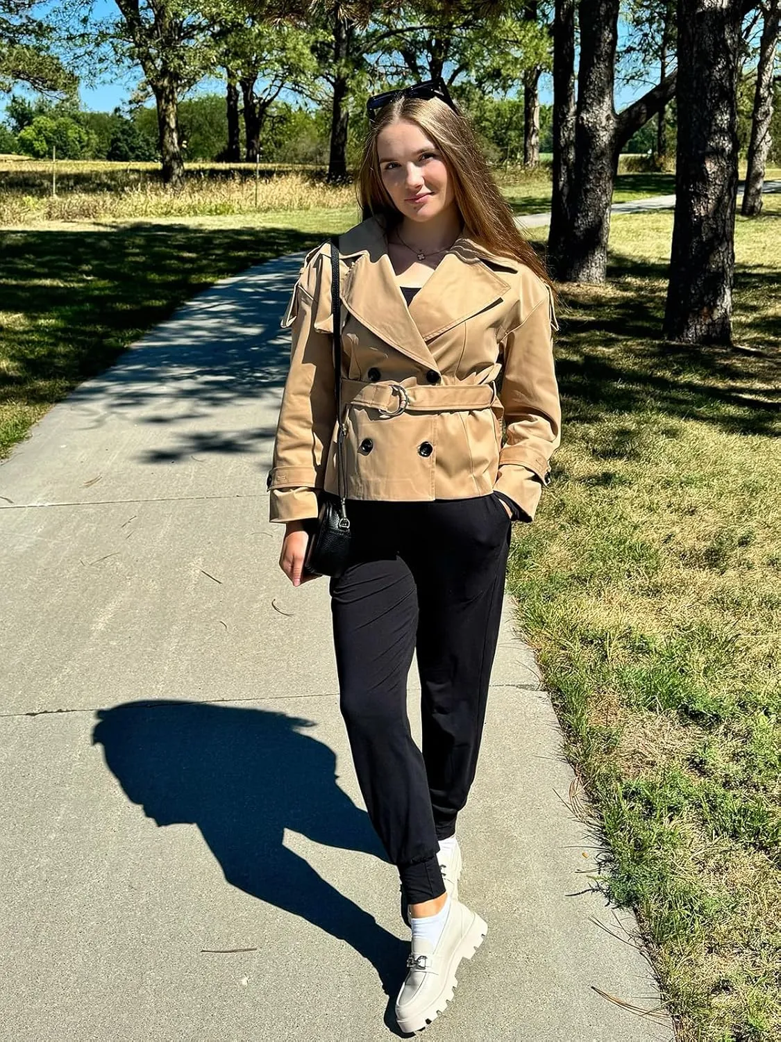 Tankaneo Womens Cropped Trench Coat Casual Double Breasted Short Jacket Fall Fashion Outerwear with Belt
