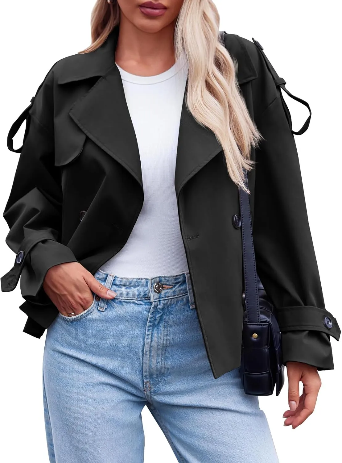 Tankaneo Womens Cropped Trench Coat Casual Double Breasted Short Jacket Fall Fashion Outerwear with Belt