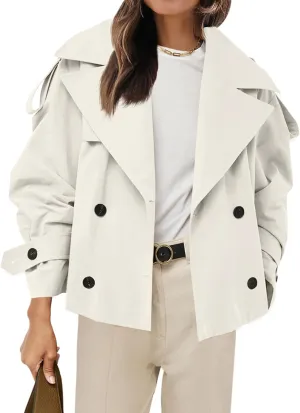 Tankaneo Womens Cropped Trench Coat Casual Double Breasted Short Jacket Fall Fashion Outerwear with Belt