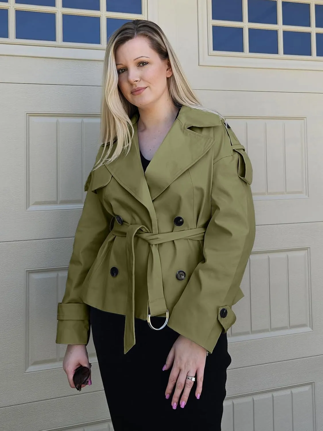 Tankaneo Womens Cropped Trench Coat Casual Double Breasted Short Jacket Fall Fashion Outerwear with Belt
