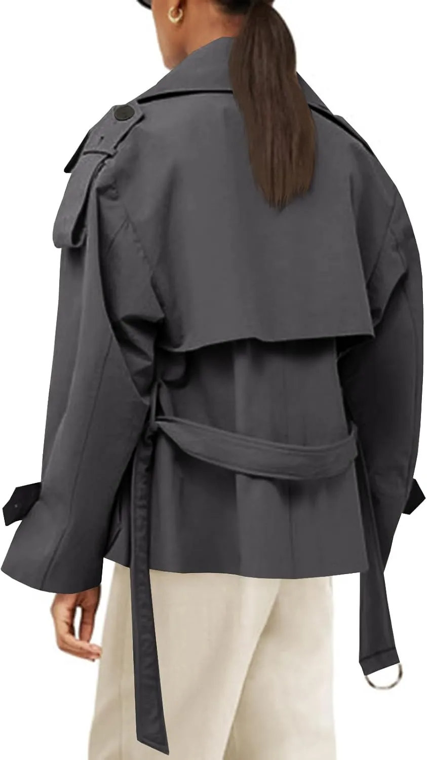 Tankaneo Womens Cropped Trench Coat Casual Double Breasted Short Jacket Fall Fashion Outerwear with Belt