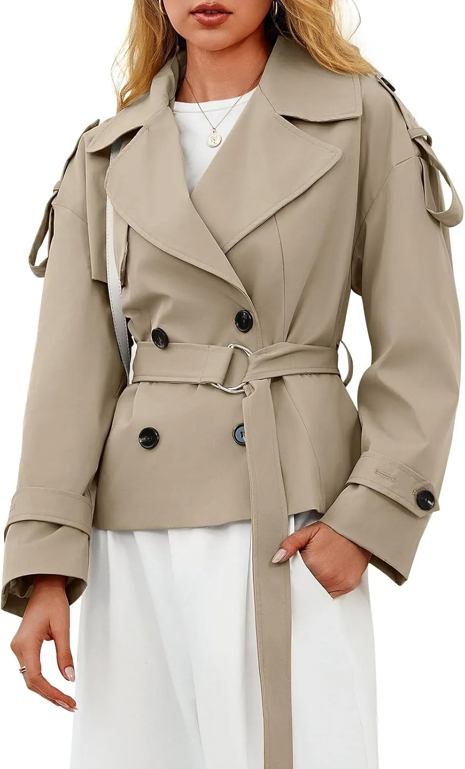 Tankaneo Womens Cropped Trench Coat Casual Double Breasted Short Jacket Fall Fashion Outerwear with Belt