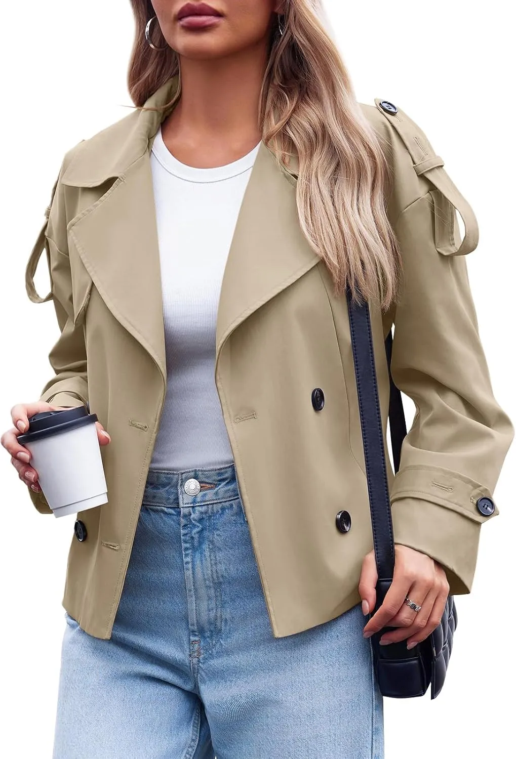 Tankaneo Womens Cropped Trench Coat Casual Double Breasted Short Jacket Fall Fashion Outerwear with Belt