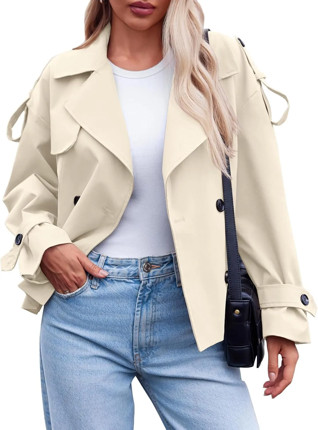 Tankaneo Womens Cropped Trench Coat Casual Double Breasted Short Jacket Fall Fashion Outerwear with Belt