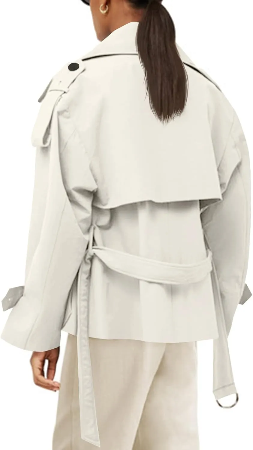 Tankaneo Womens Cropped Trench Coat Casual Double Breasted Short Jacket Fall Fashion Outerwear with Belt