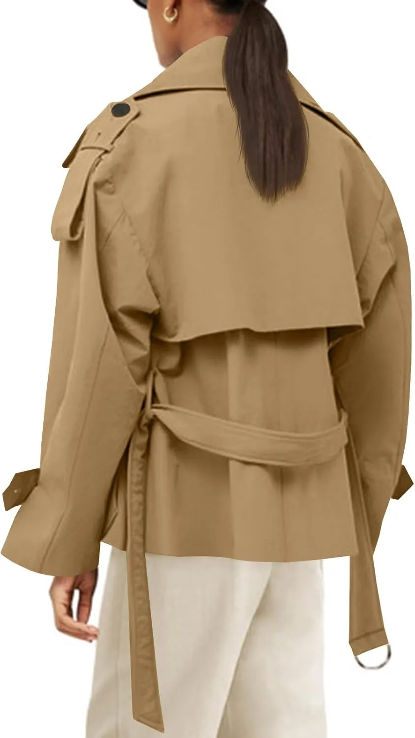 Tankaneo Womens Cropped Trench Coat Casual Double Breasted Short Jacket Fall Fashion Outerwear with Belt