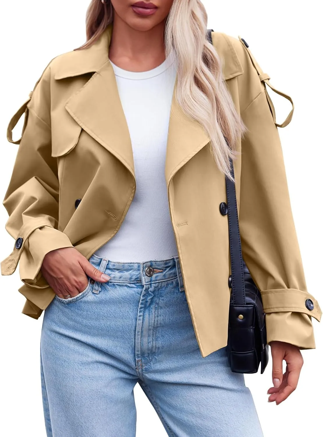 Tankaneo Womens Cropped Trench Coat Casual Double Breasted Short Jacket Fall Fashion Outerwear with Belt