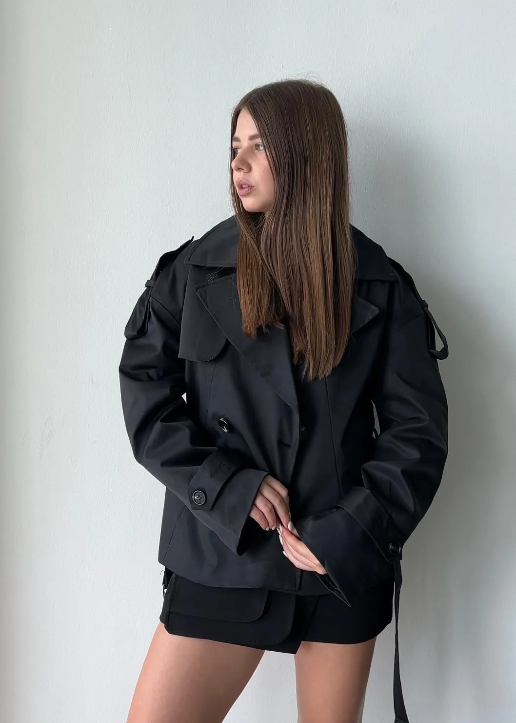 Tankaneo Womens Cropped Trench Coat Casual Double Breasted Short Jacket Fall Fashion Outerwear with Belt