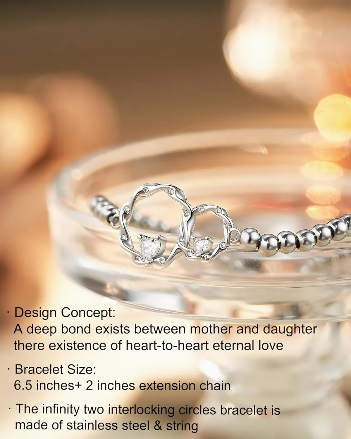 Tarsus Mother & Daughter Gifts: Eternal Love Connected at Heart Interlocking 2 Circles Bracelet - Mom & Daughter Gifts for Birthday & Christmas