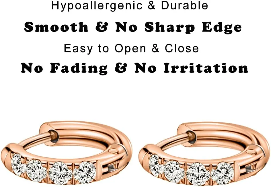 TDEBA 316L Surgical Stainless Steel Huggie Hoop Earrings with Cubic Zirconia, 10G 12G 14G 8-20mm Cartilage Lobe Earrings, 14G Piercing Jewelry