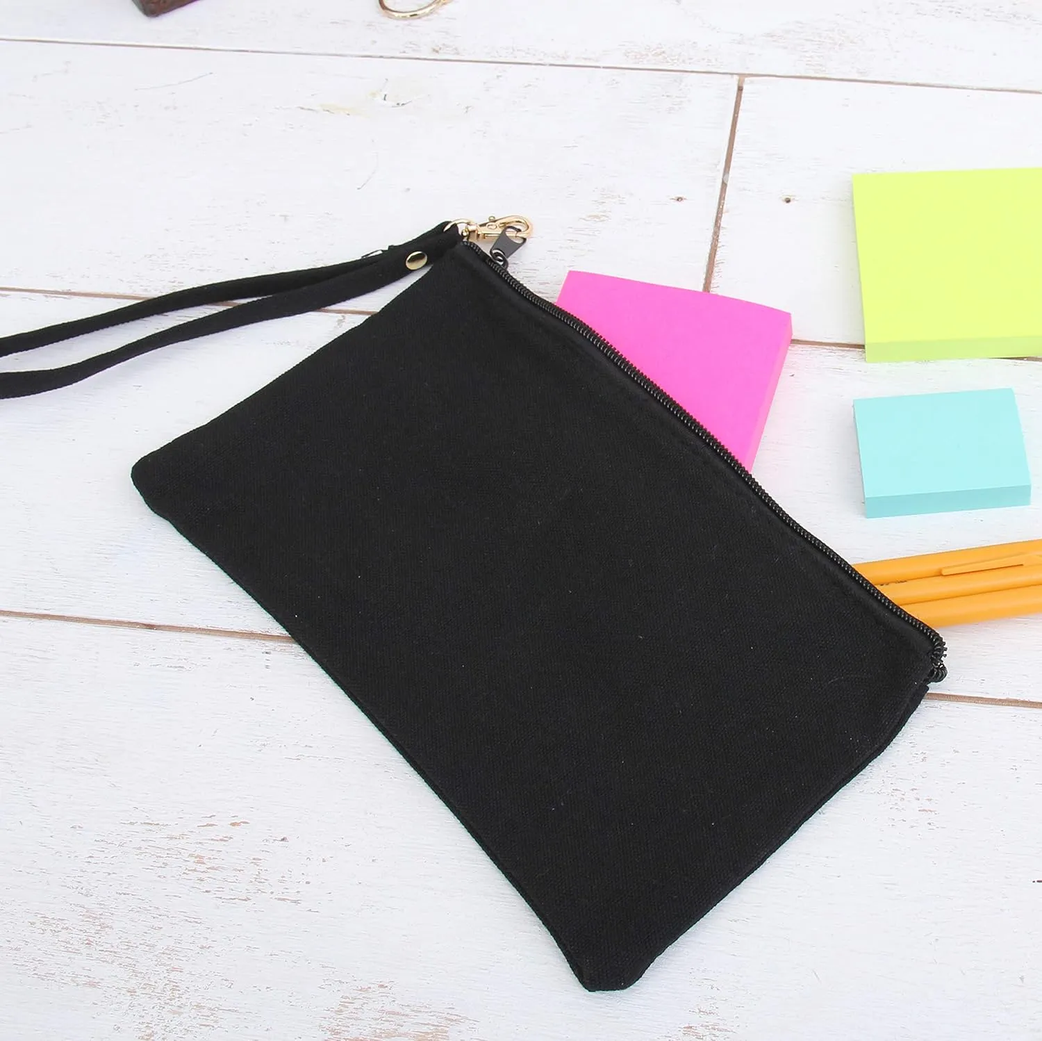 Threadart Personalized Cotton Canvas Small Wristlet Bag Make-up Organizer Makeup Bag - 100% Cotton Heavy Duty Canvas 5"x9" - Black