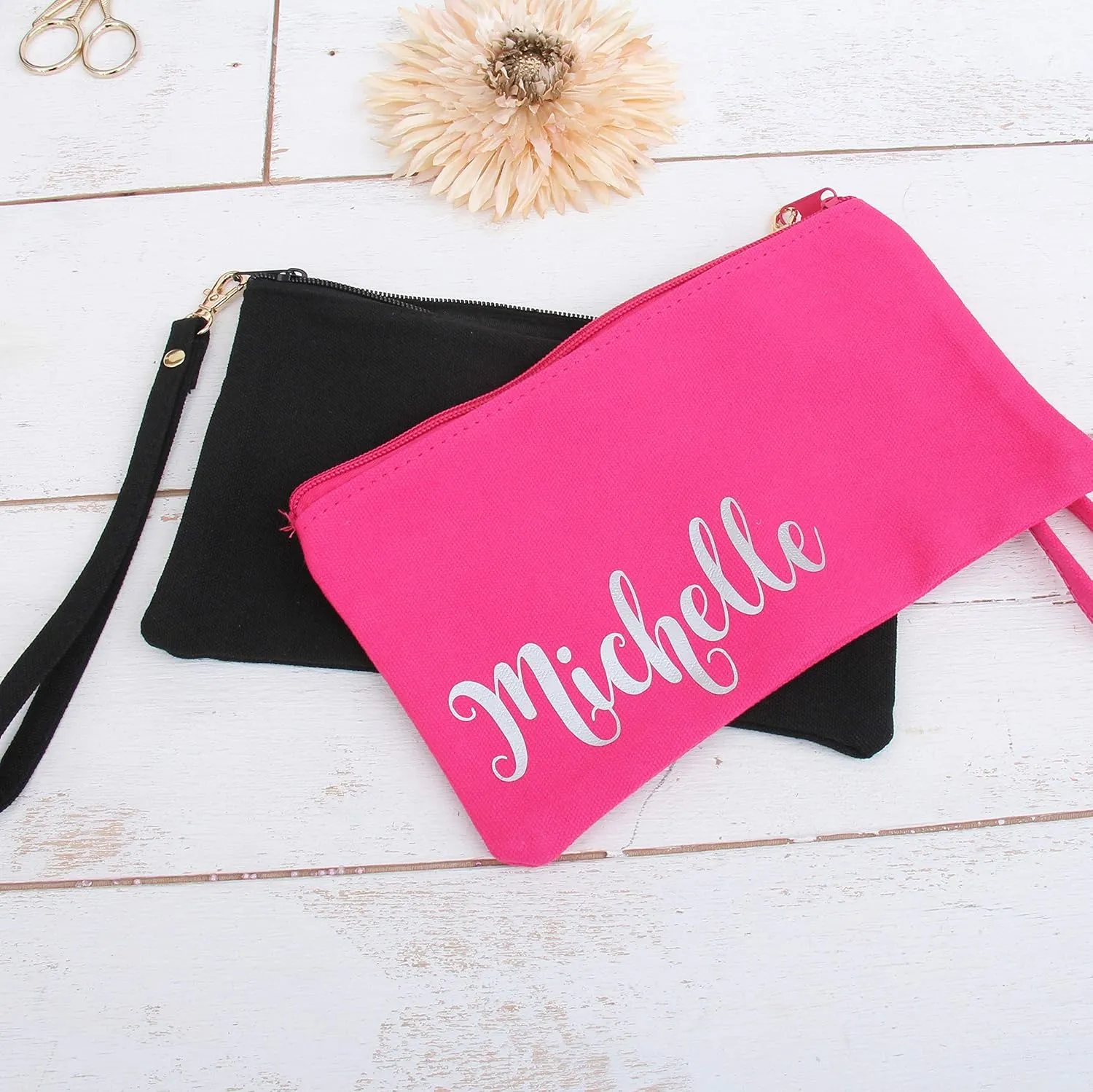 Threadart Personalized Cotton Canvas Small Wristlet Bag Make-up Organizer Makeup Bag - 100% Cotton Heavy Duty Canvas 5"x9" - Black