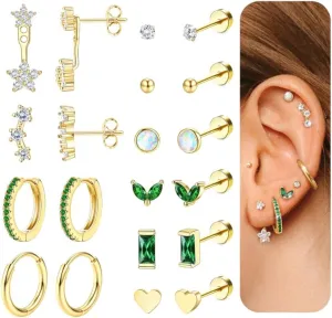THUNARAZ 14K Gold Flat Back Earrings Hypoallergenic Stud Earrings for Women Surgical Steel Earring Studs Screw Back Cartilage Earrings Sets for Multiple Piercing Hoop Earrings for Sensitive Ears 20G