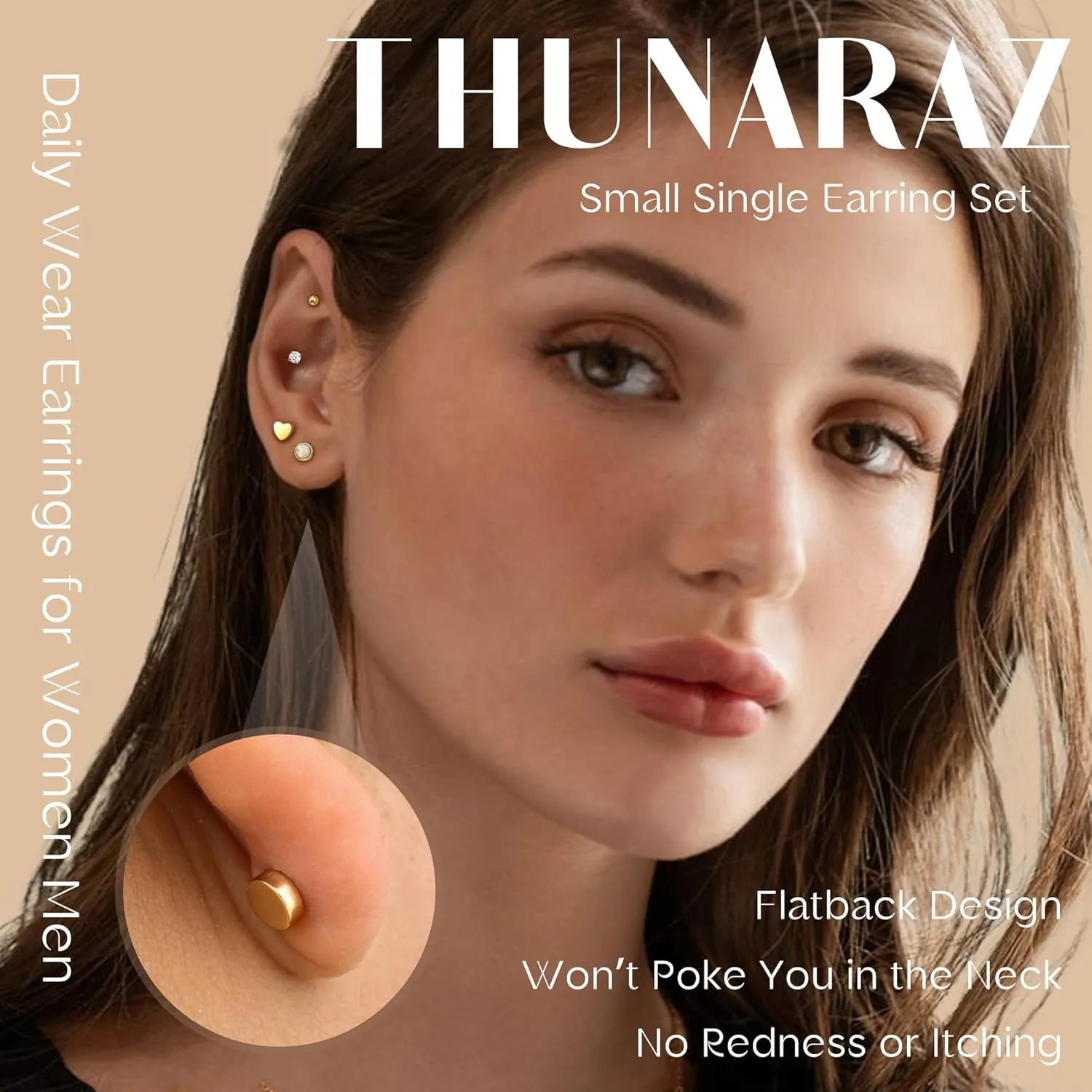 THUNARAZ 14K Gold Flat Back Earrings Hypoallergenic Stud Earrings for Women Surgical Steel Earring Studs Screw Back Cartilage Earrings Sets for Multiple Piercing Hoop Earrings for Sensitive Ears 20G