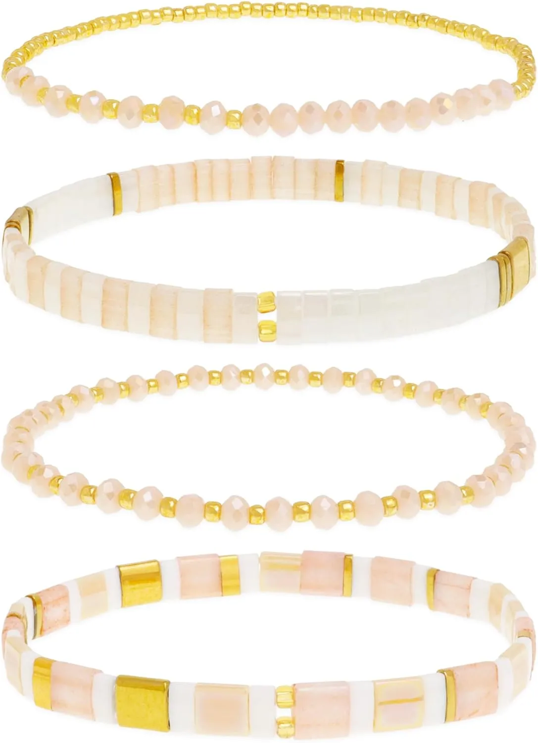 Tila Flat Gold Beaded Bracelets Stack Set for Women, Boho Colorful Handmade Gemstone Miyuki Glass Beads Stretch Festive Holiday Accessories Jewelry Gift.