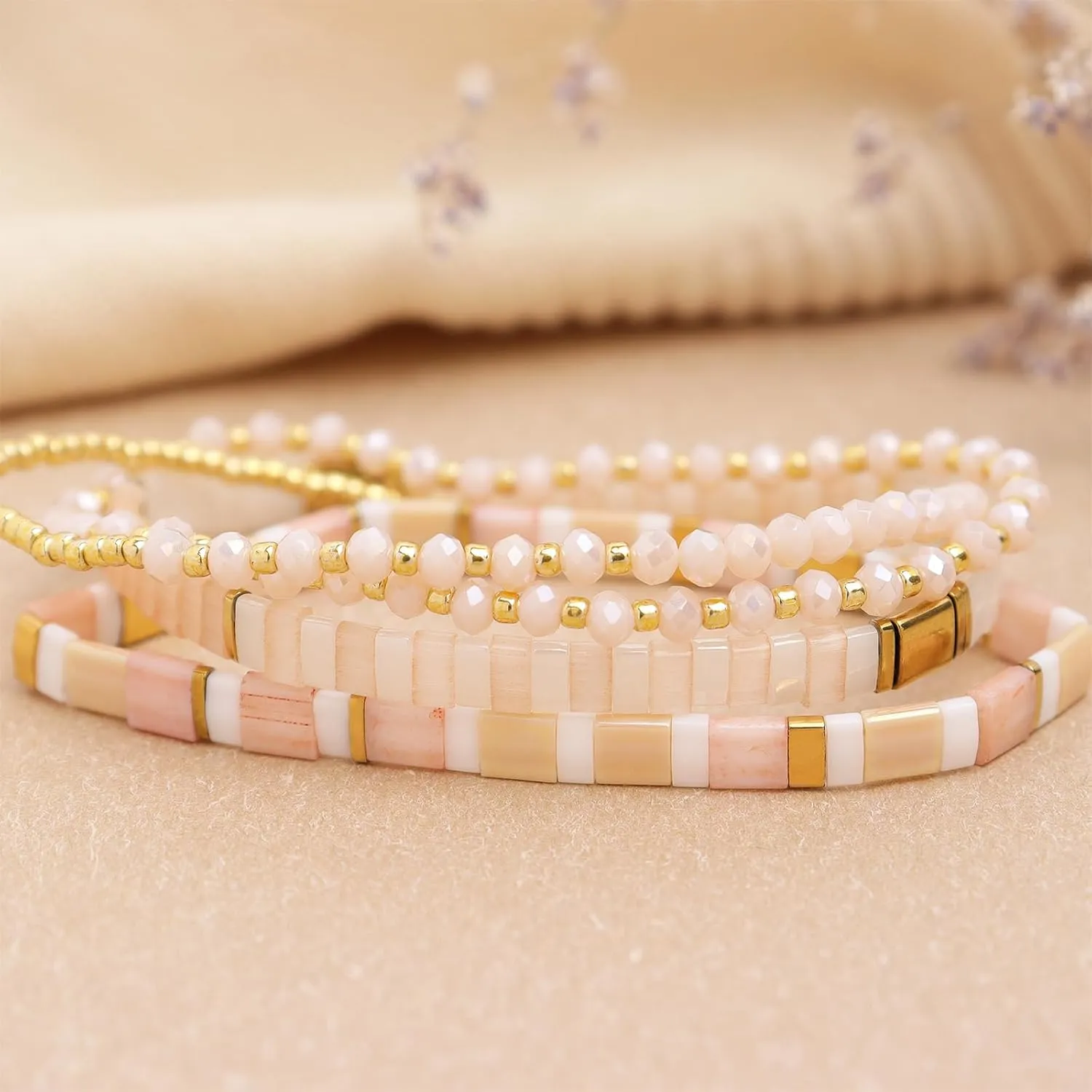 Tila Flat Gold Beaded Bracelets Stack Set for Women, Boho Colorful Handmade Gemstone Miyuki Glass Beads Stretch Festive Holiday Accessories Jewelry Gift.