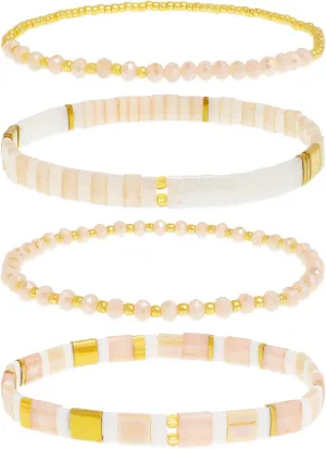 Tila Flat Gold Beaded Bracelets Stack Set for Women, Boho Colorful Handmade Gemstone Miyuki Glass Beads Stretch Festive Holiday Accessories Jewelry Gift.