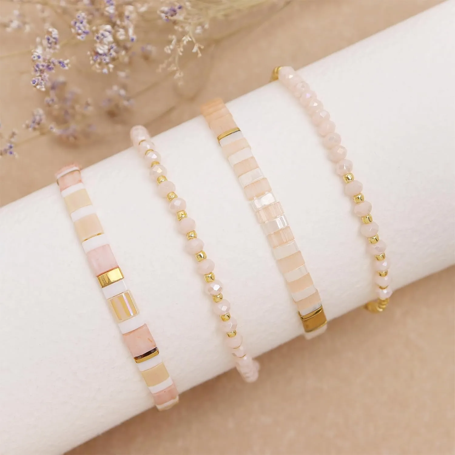 Tila Flat Gold Beaded Bracelets Stack Set for Women, Boho Colorful Handmade Gemstone Miyuki Glass Beads Stretch Festive Holiday Accessories Jewelry Gift.