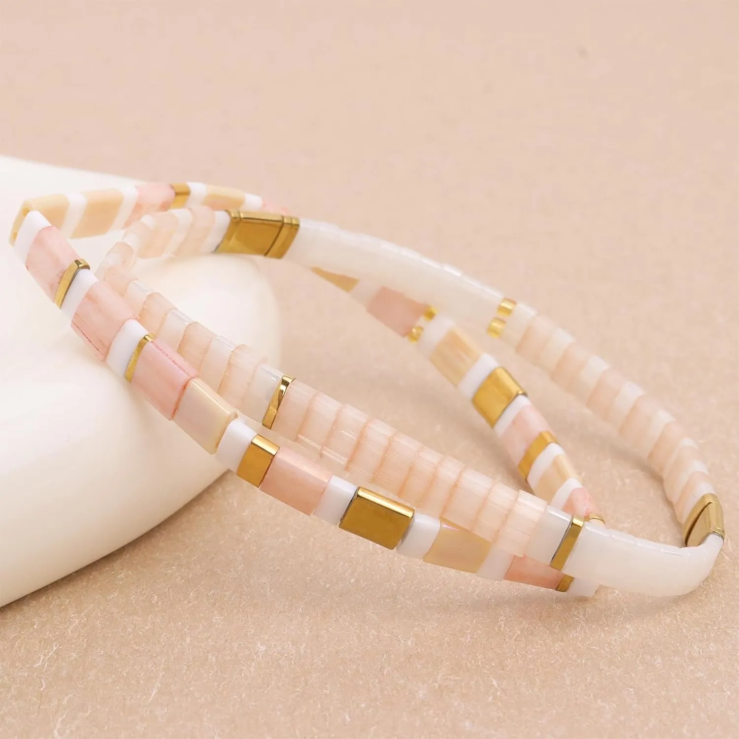 Tila Flat Gold Beaded Bracelets Stack Set for Women, Boho Colorful Handmade Gemstone Miyuki Glass Beads Stretch Festive Holiday Accessories Jewelry Gift.