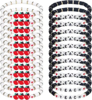 Tondiamo 24 Pack Teacher Bracelet Teacher Appreciation Gift Polymer Clay Apple Beaded Bracelets Pencil Stackable Bracelets Graduation Cute Charm Jewelry Gift(Cute Colors)