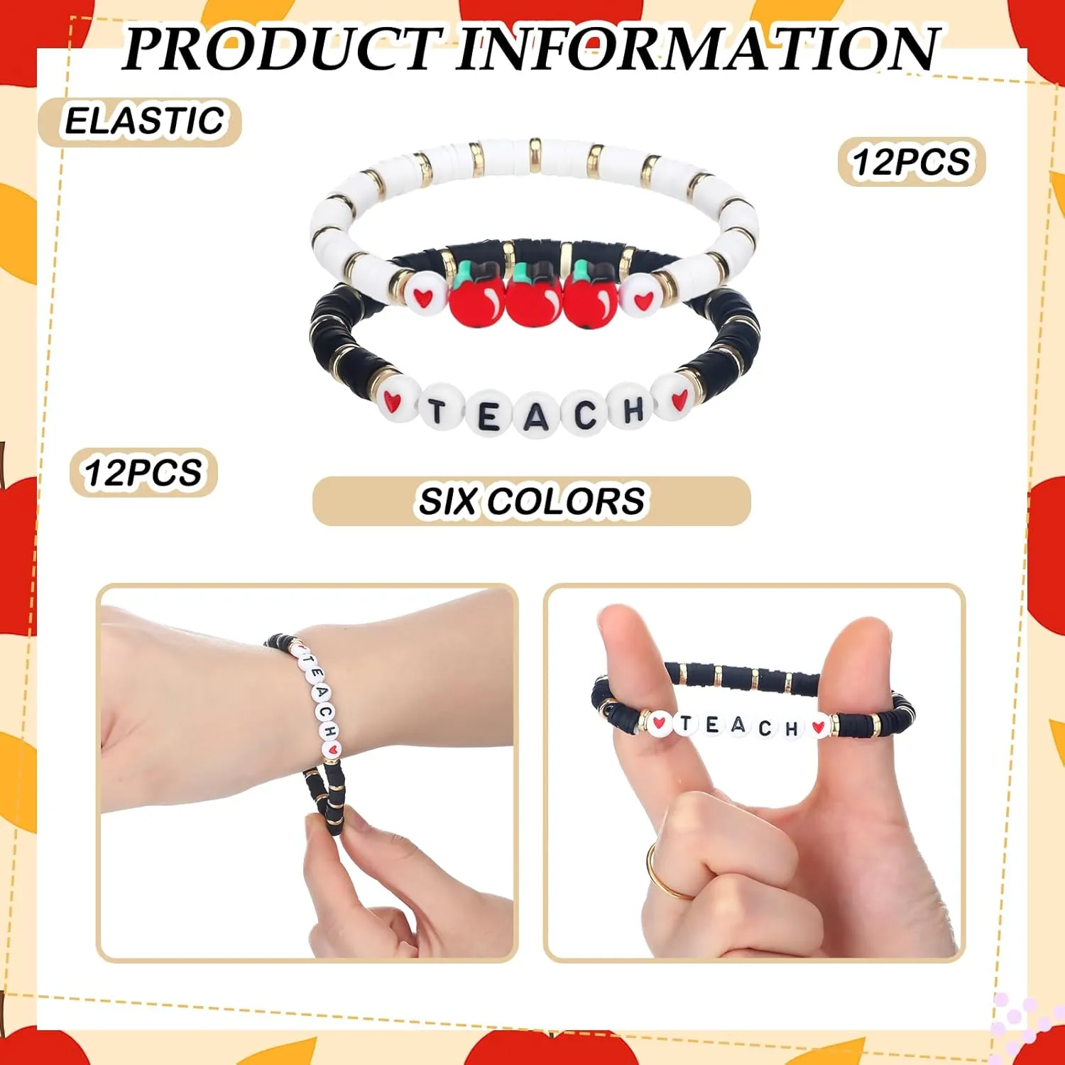 Tondiamo 24 Pack Teacher Bracelet Teacher Appreciation Gift Polymer Clay Apple Beaded Bracelets Pencil Stackable Bracelets Graduation Cute Charm Jewelry Gift(Cute Colors)