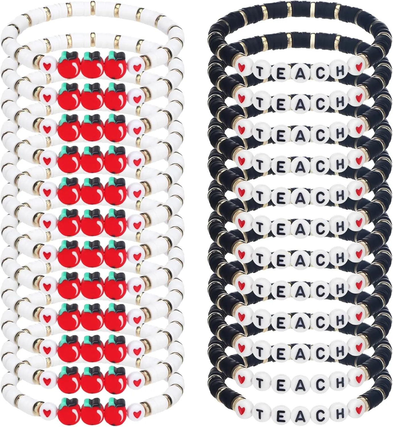 Tondiamo 24 Pack Teacher Bracelet Teacher Appreciation Gift Polymer Clay Apple Beaded Bracelets Pencil Stackable Bracelets Graduation Cute Charm Jewelry Gift(Cute Colors)
